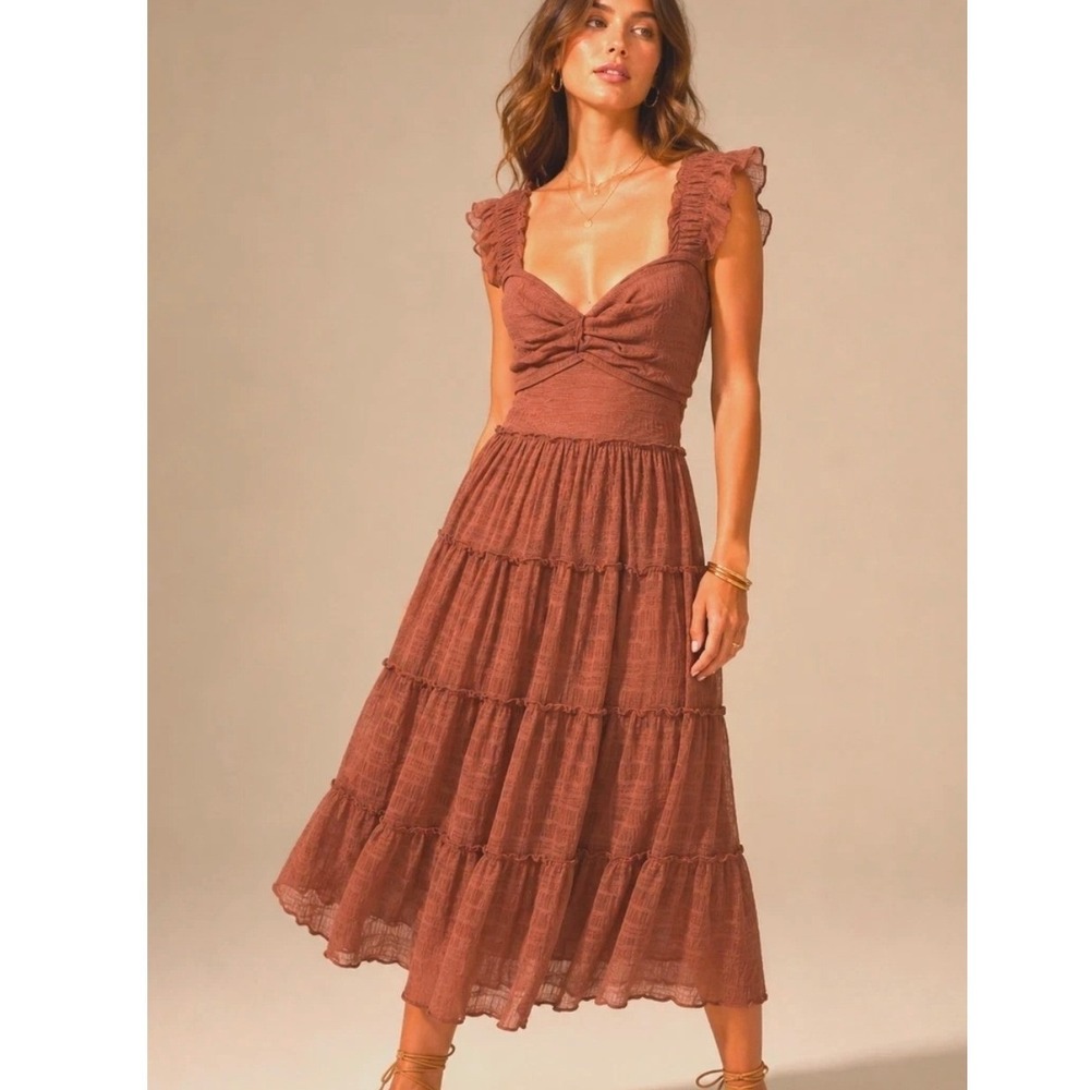 Max Studio London Rust Tiered Mesh Midi Dress Ruffle Sleeve Smocked Women's XS